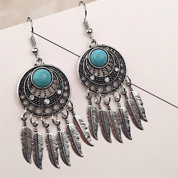 Retro Bohemian Dream Catcher Earrings with Turquoise Tassels - A Magical Gift - Picture 3 of 3